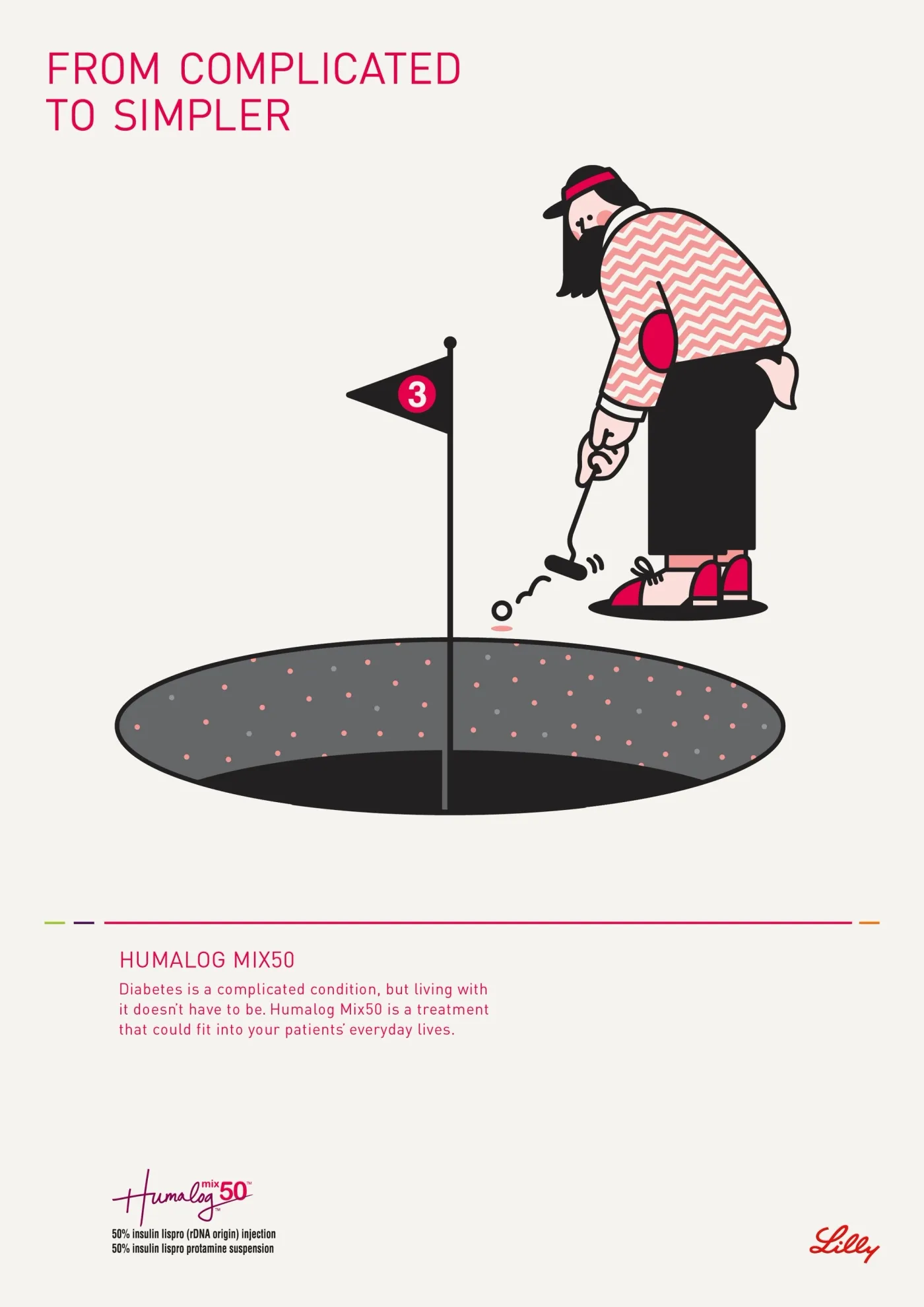 Humalog Mix50 poster, "From complicated to simpler": a golfer putts towards an oversized hole.