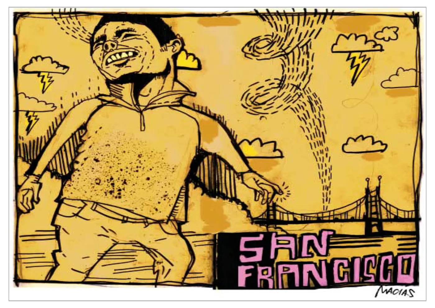 Abel Macias illustration of a figure striding past the Golden Gate Bridge, captioned “San Francisco”, for FREEDM.