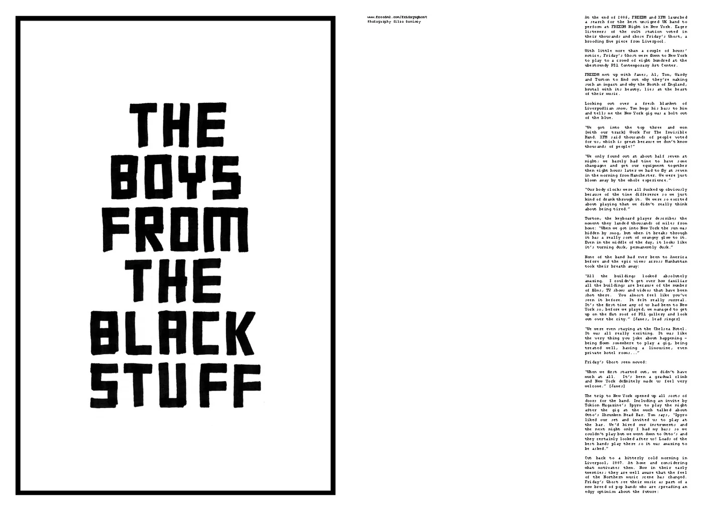 FREEDM zine spread, “The Boys from the Black Stuff”, on unsigned band Friday’s Ghost playing New York.