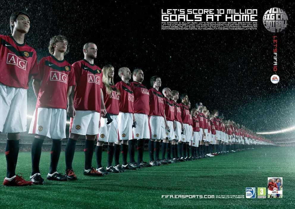 FIFA 10 ad, "Let's score 10 million goals at home": a huge line of fans in Manchester United kits on a rainy pitch.