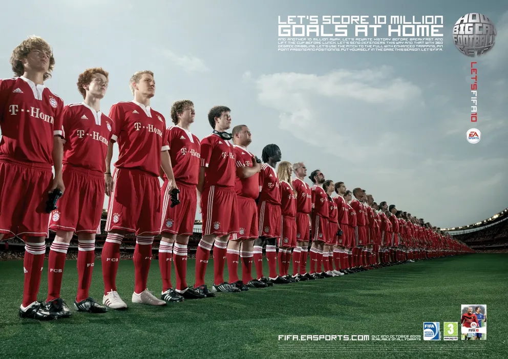 FIFA 10 ad, "Let's score 10 million goals at home": a huge line of fans in Bayern Munich kits across a pitch.