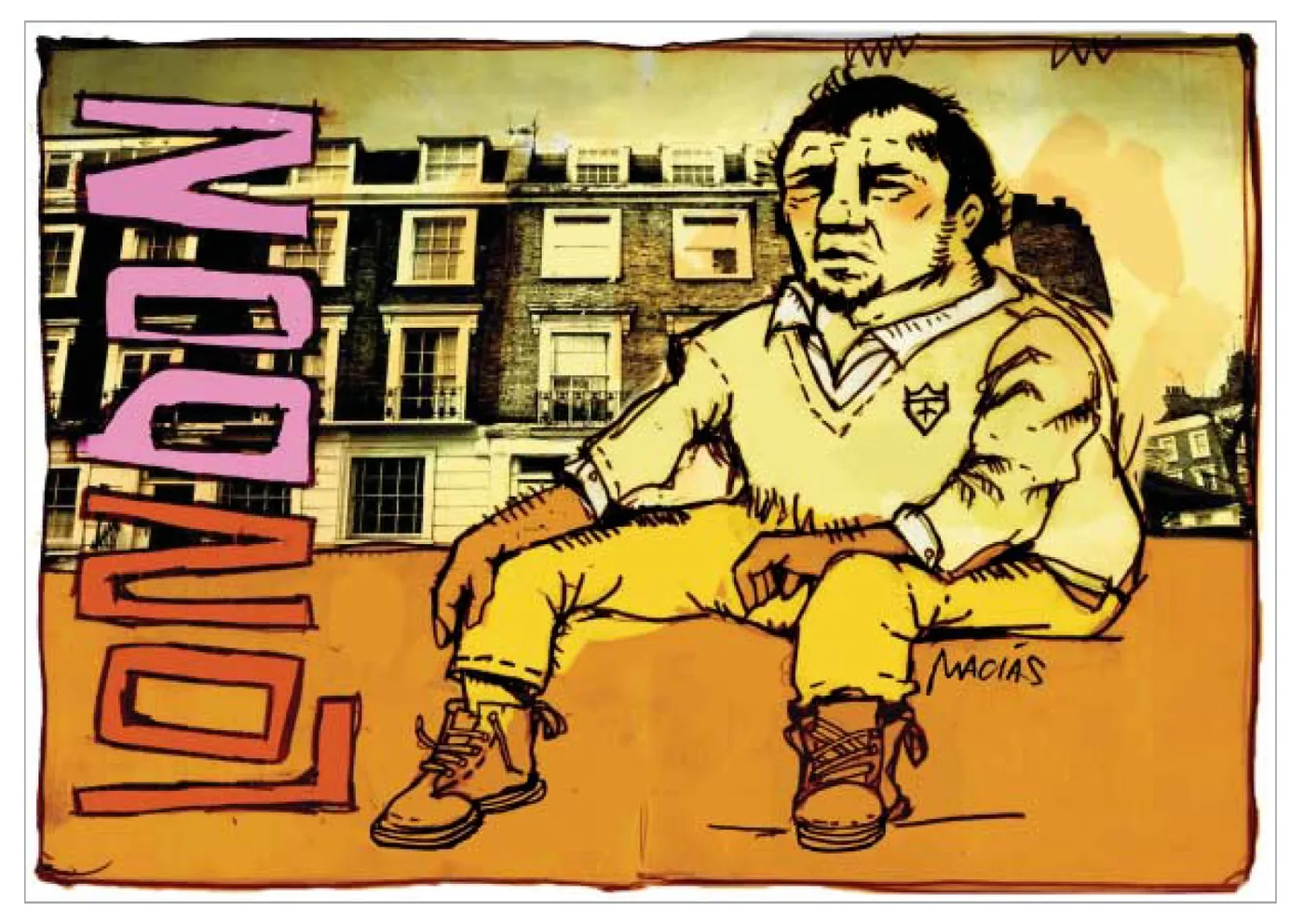 Abel Macias illustration of a man in Dr. Martens boots sitting before London terraces, captioned “London”.