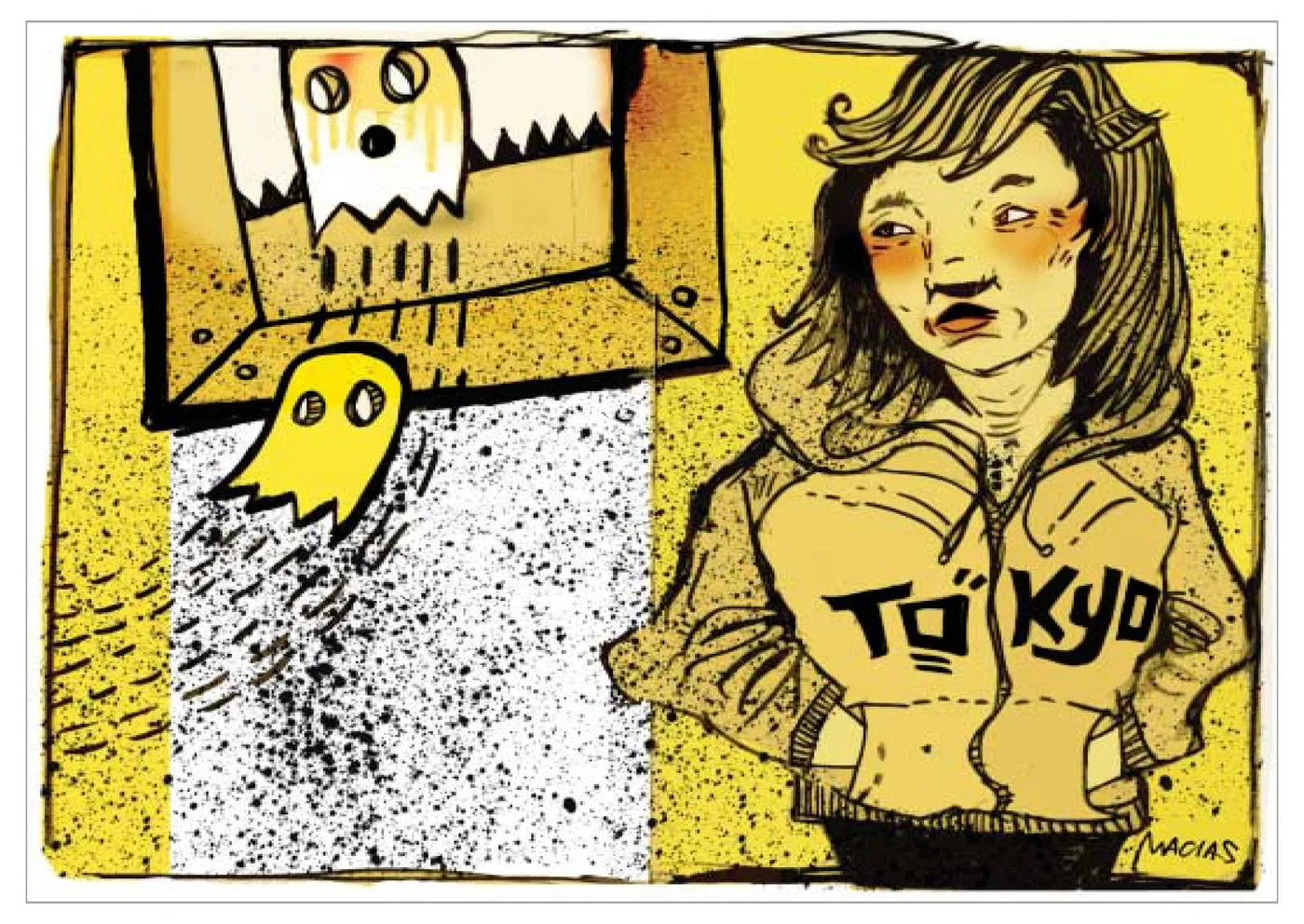 Abel Macias illustration of a girl in a “Tokyo” hoodie watching cartoon ghosts, for the FREEDM booklet.