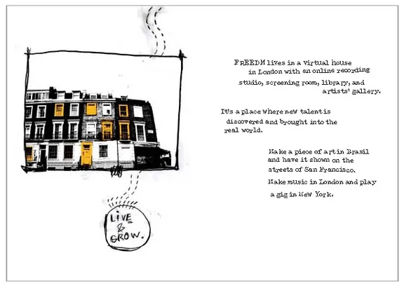 Booklet spread on FREEDM’s virtual house in London, with a sketch-framed photo of a London terrace.