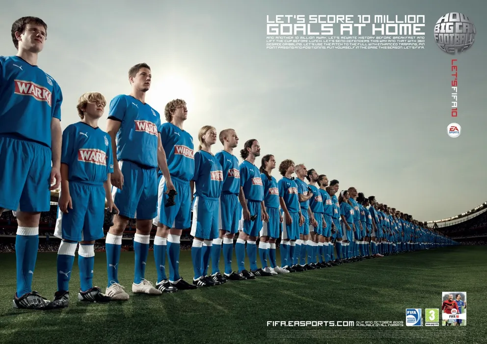 FIFA 10 ad, "Let's score 10 million goals at home": a huge line of fans in blue club kits stretching across a pitch.