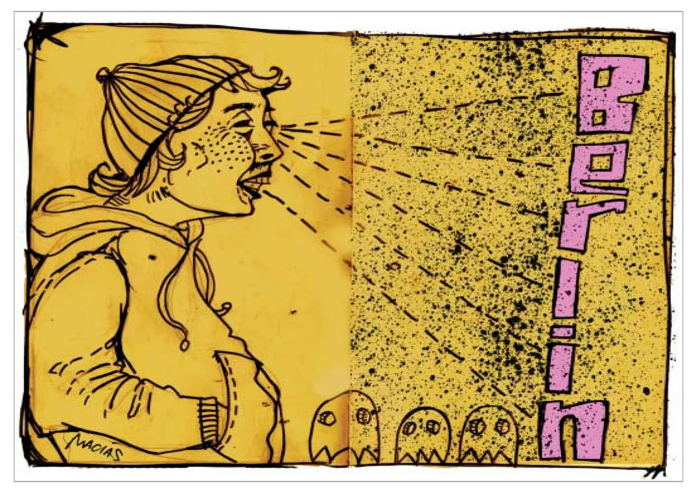 Abel Macias illustration of a freckled woman in a beanie calling out the word “Berlin”, for the FREEDM booklet.