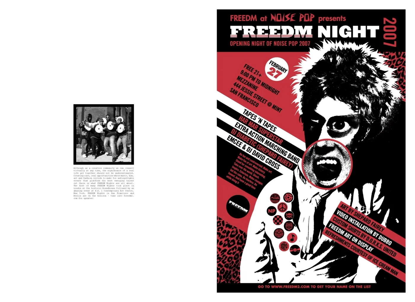 FREEDM zine spread with the FREEDM Night poster for the Noise Pop 2007 opening night.
