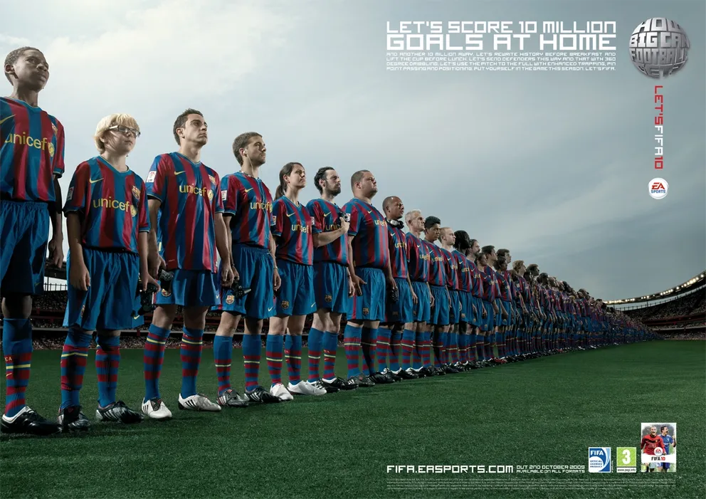 FIFA 10 ad, "Let's score 10 million goals at home": a huge line of fans in Barcelona kits stretching across a pitch.