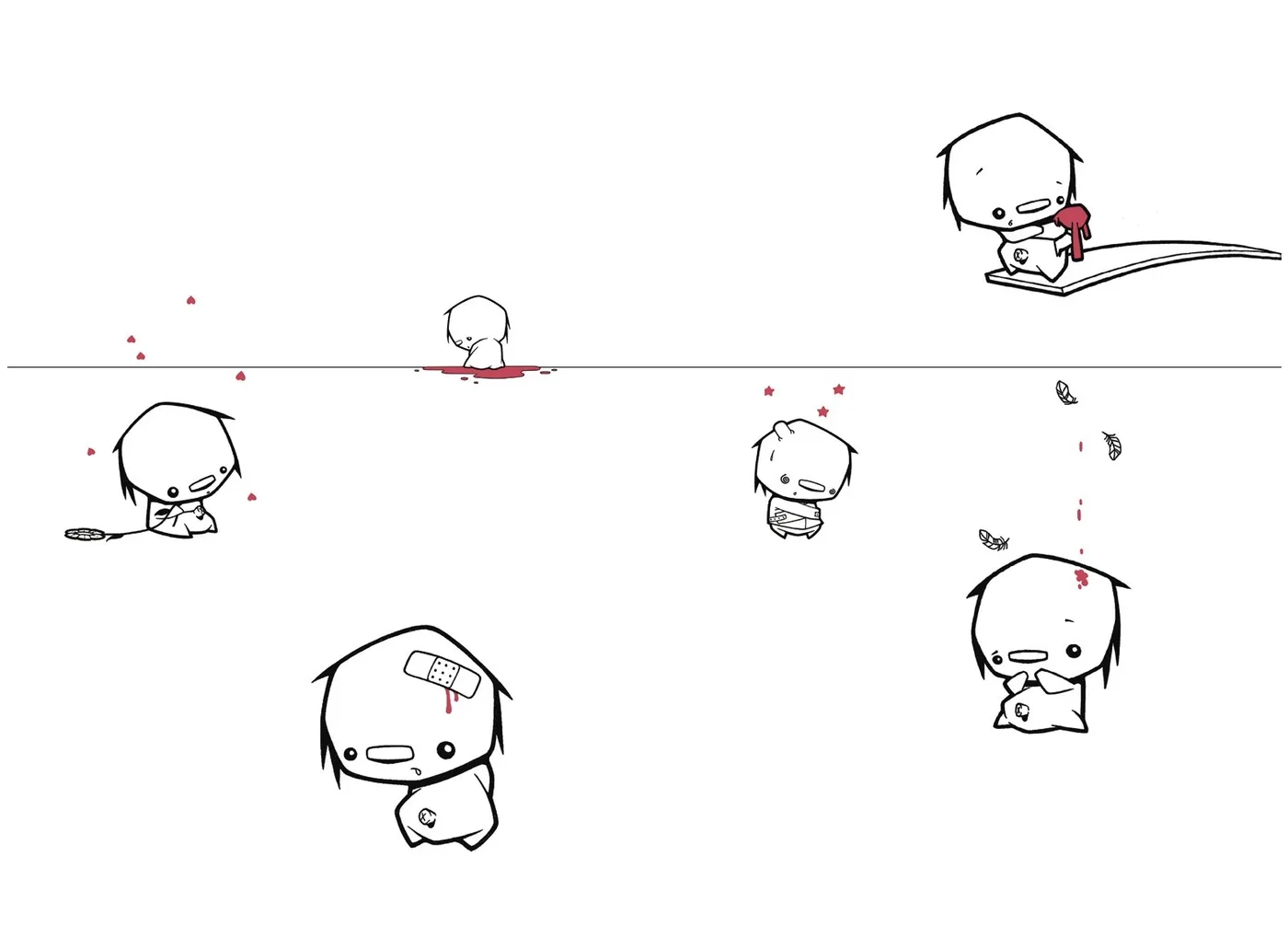 FREEDM zine spread of Dino Alberto’s small, wide-eyed characters, some bandaged and bleeding.