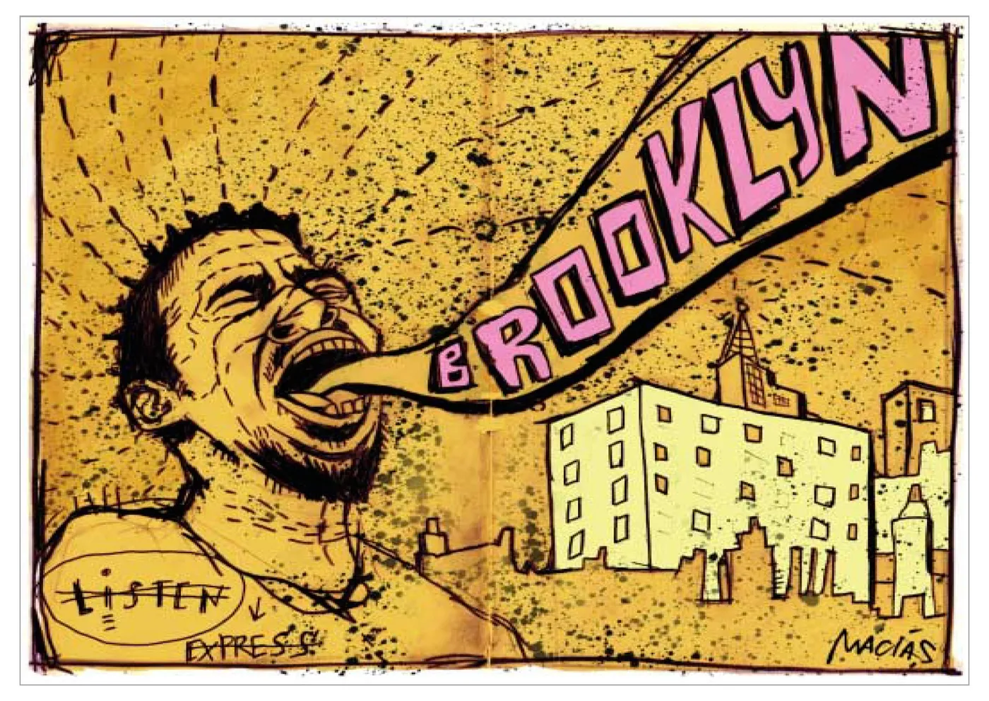 Abel Macias illustration of a man shouting the word “Brooklyn” past city buildings, for the FREEDM booklet.